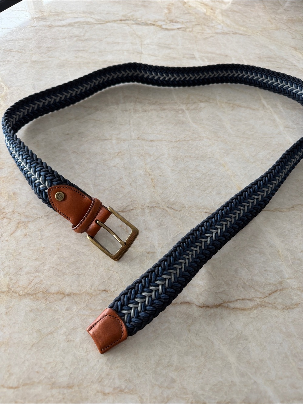 Brooks Brothers Navy Woven Belt with Brown Leather Trim